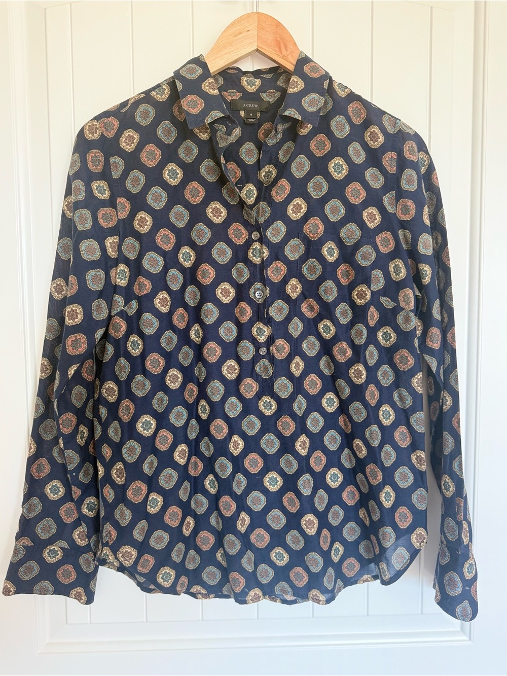 J. Crew Navy Blue Geometric Tile Print Tunic Blouse Long Sleeve Popover Shirt 6
